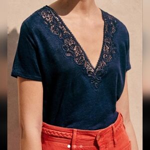Sezane Elegant Navy V-Neck Lace Tee Shirt Blouse~reversible~NEW Size XS